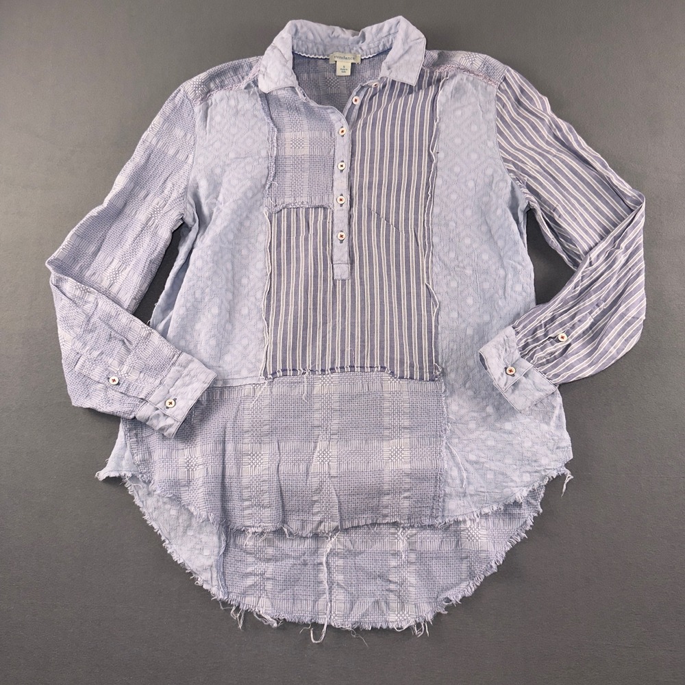 Sundance Womens Blue Patchwork Cotton Button Down Shirt Long Sleeve Small Boho